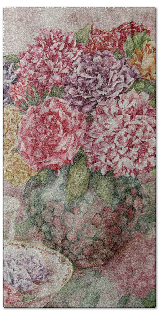 Painting Hand Towel featuring the painting Flowers Arrangement by Kim Tran