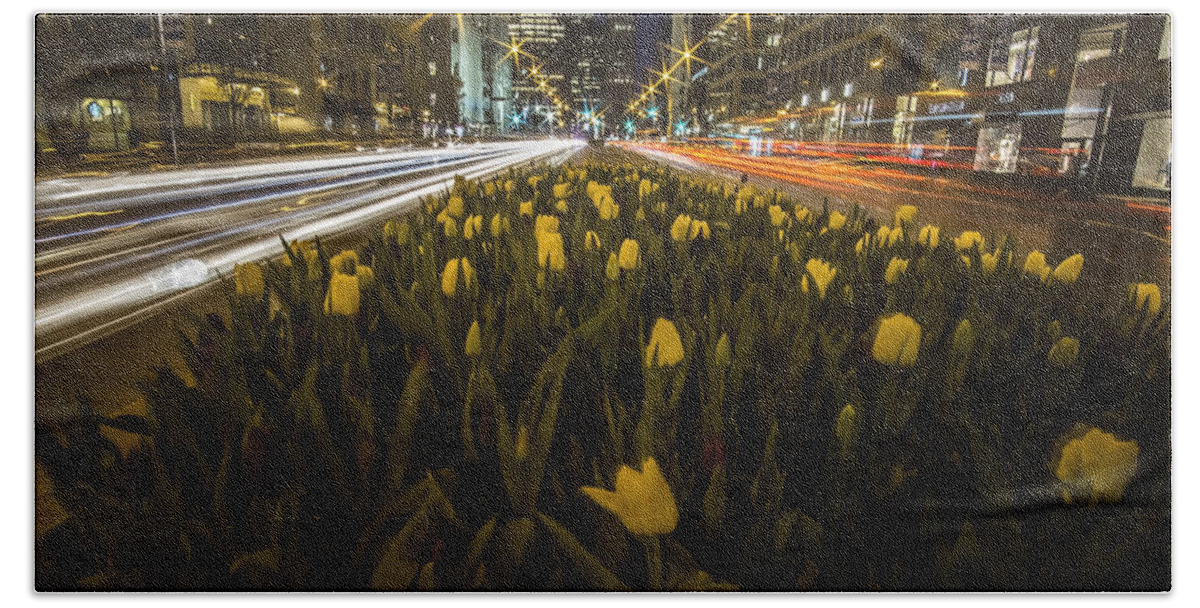 Chicago Hand Towel featuring the photograph Flowers at night on Chicago's Mag Mile by Sven Brogren