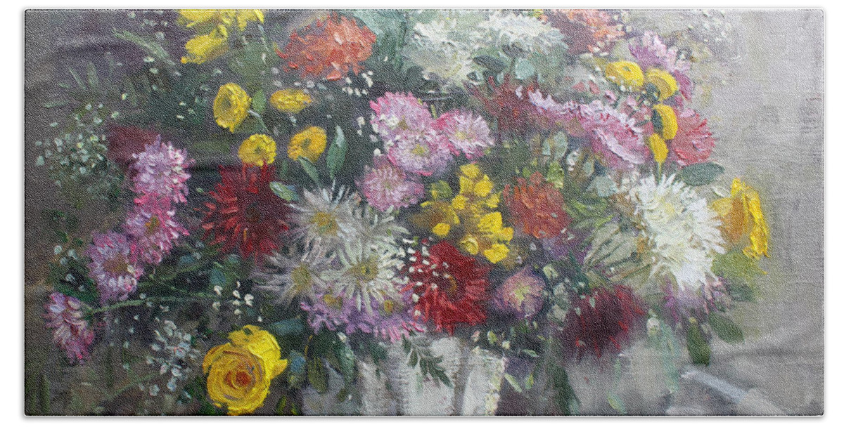 Flowers Bath Sheet featuring the painting Flowers for Viola by Ylli Haruni
