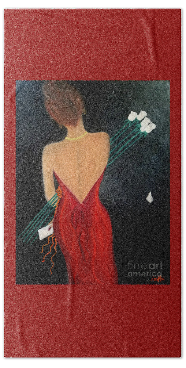 Lady In Red Hand Towel featuring the painting Flowers From A Friend by Artist Linda Marie