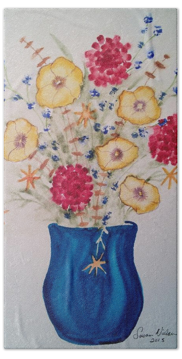 Floral Hand Towel featuring the painting Flowers in blue vase 2 by Susan Nielsen