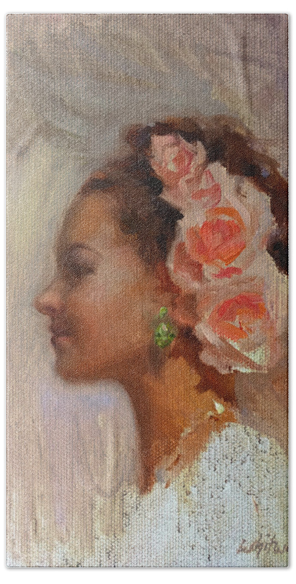 Oil Painting Hand Towel featuring the painting Pretty Flowers - Impressionistic Portrait of Young Woman by K Whitworth