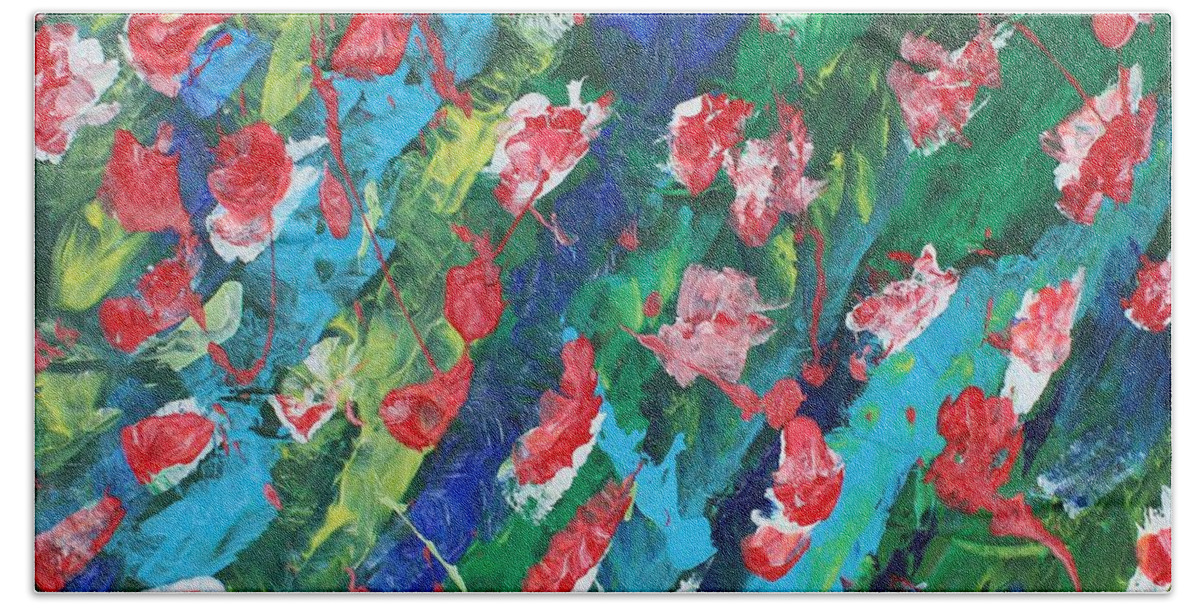 Flowers In The Sea   Bliss Contentment Delight Elation Enjoyment Euphoria Exhilaration Jubilation Laughter Optimism  Peace Of Mind Pleasure Prosperity Well-being Beatitude Blessedness Cheer Cheerfulness Content Bath Towel featuring the painting Poppies by Sarahleah Hankes