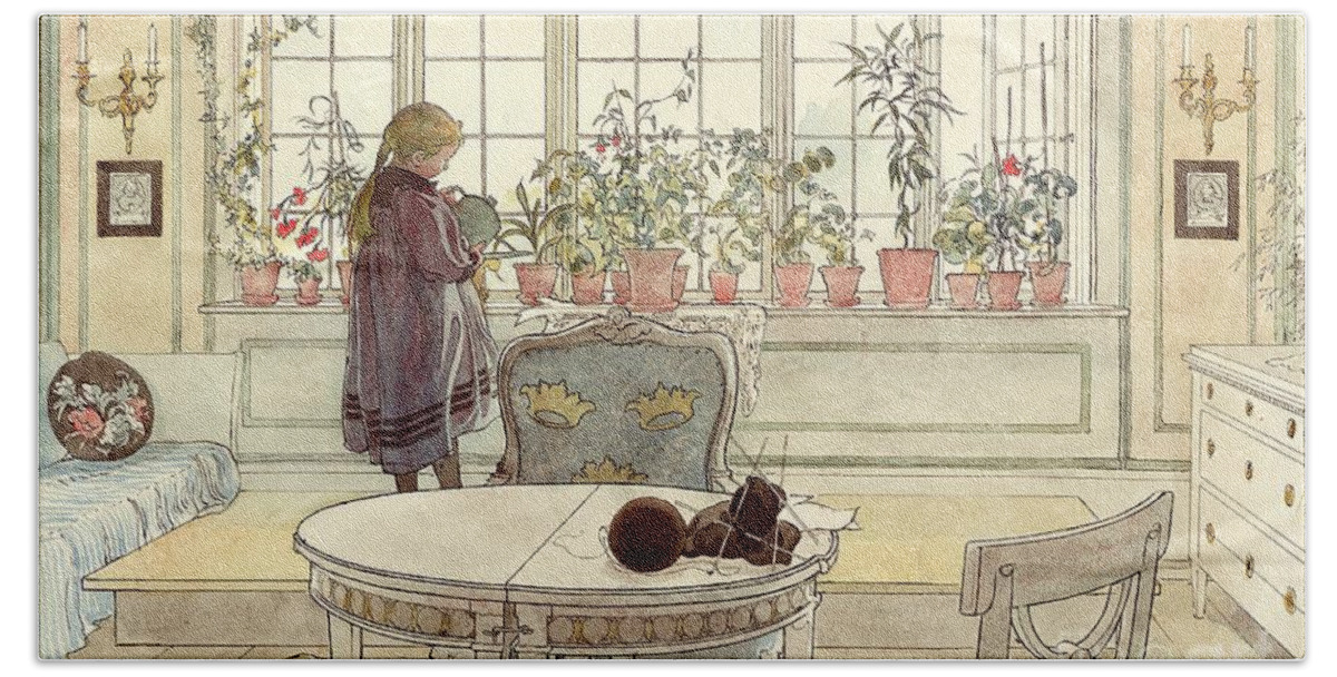 Plant Bath Sheet featuring the painting Flowers on the Windowsill by Carl Larsson