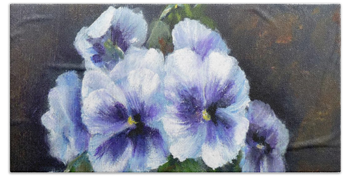 Pansies Bath Towel featuring the painting Flowers,pansies Still Life by Katalin Luczay