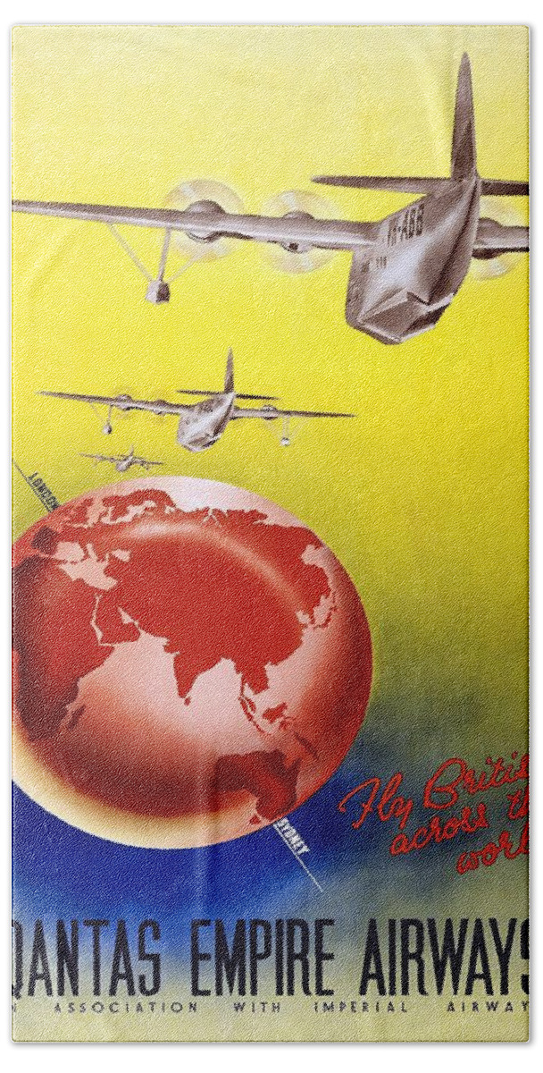 Qantas Empire Airways Hand Towel featuring the mixed media Fly British Across The World - Qantas Empire Airways - Retro travel Poster - Vintage Poster by Studio Grafiikka