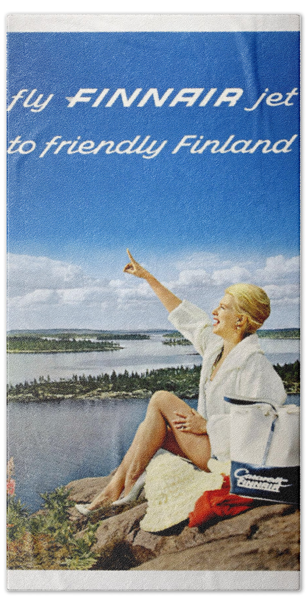 Finnair Hand Towel featuring the mixed media Fly Finnair jet to Friendly Finland - Finland Airways - Retro travel Poster - Vintage Poster by Studio Grafiikka