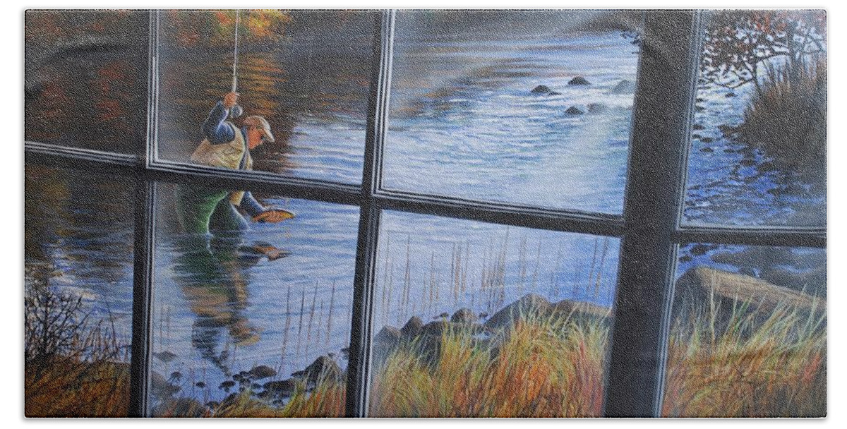 Fly Fishing Bath Towel featuring the painting Fly Fisher by Anthony J Padgett
