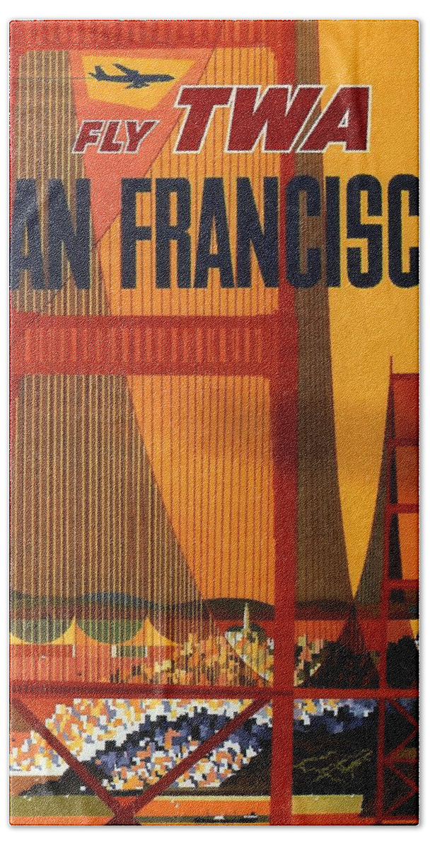 Trans World Airlines Hand Towel featuring the mixed media Fly TWA San Francisco - Trans World Airlines - Retro travel Poster - Vintage Poster by Studio Grafiikka