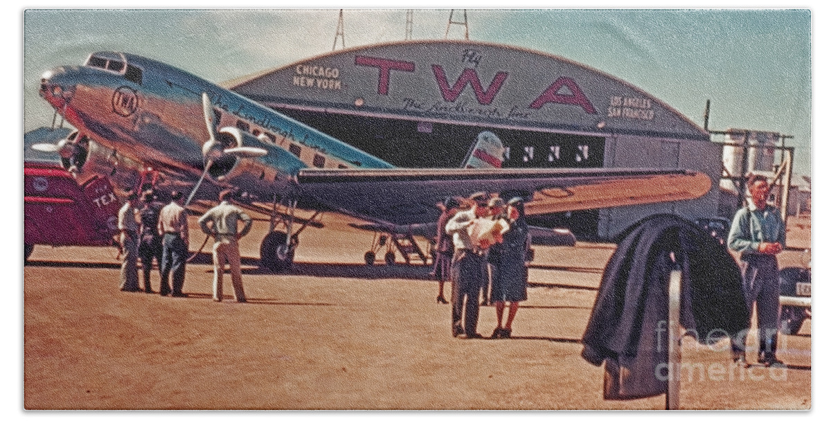 Historic Airplane Hand Towel featuring the photograph Fly TWA The Lindberg Line by Henry Bosis by Rolf Bertram