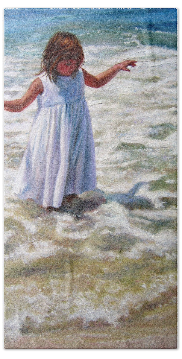 Children At Beach Bath Towel featuring the painting Flying in the Surf by Marie Witte
