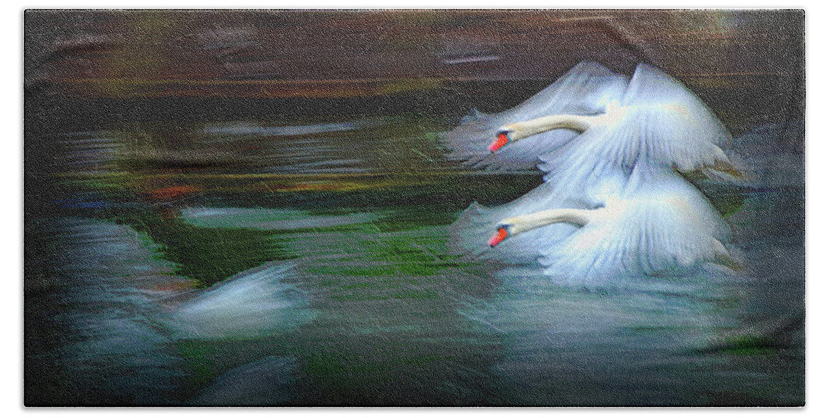 Swans Bath Towel featuring the photograph Flying Swans Abstract by Jeff Townsend