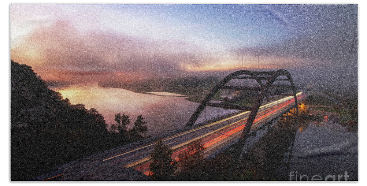 360 Bridge Hand Towel featuring the photograph Fog rolls over the 360 Bridge during sunrise on a cold winters morning on Lake Austin, Texas by Dan Herron