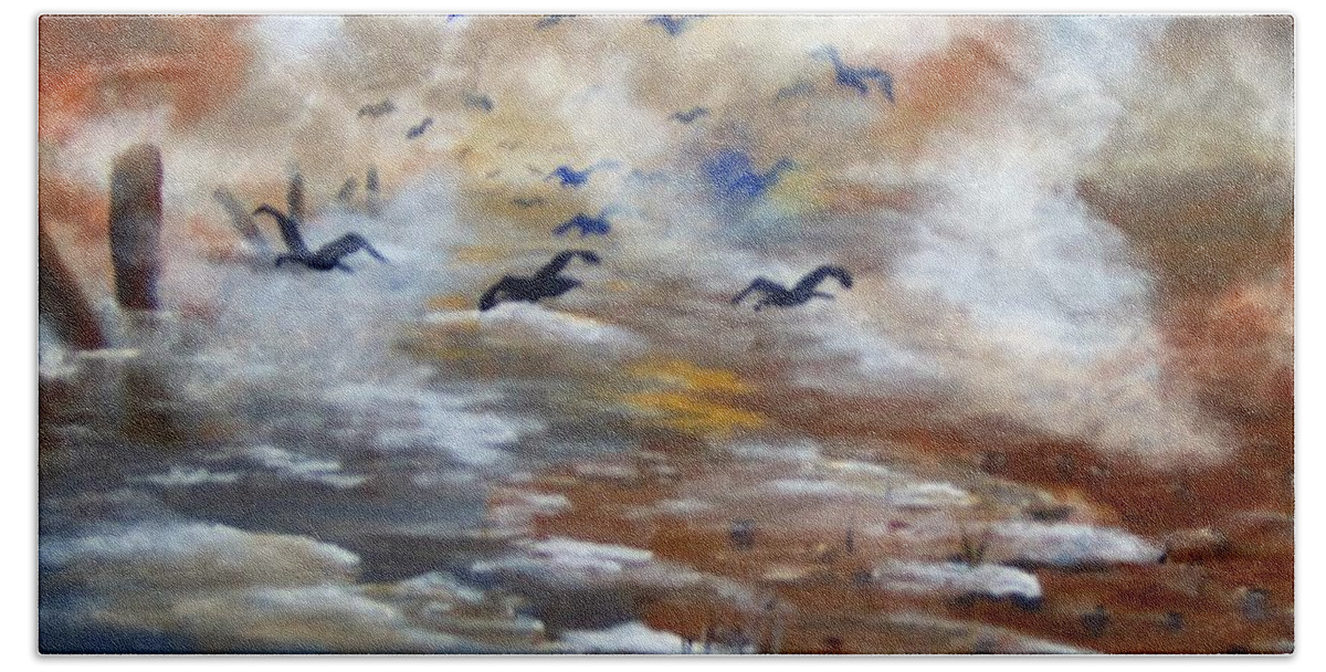Birds Bath Towel featuring the painting Foggy Beach by Saundra Johnson