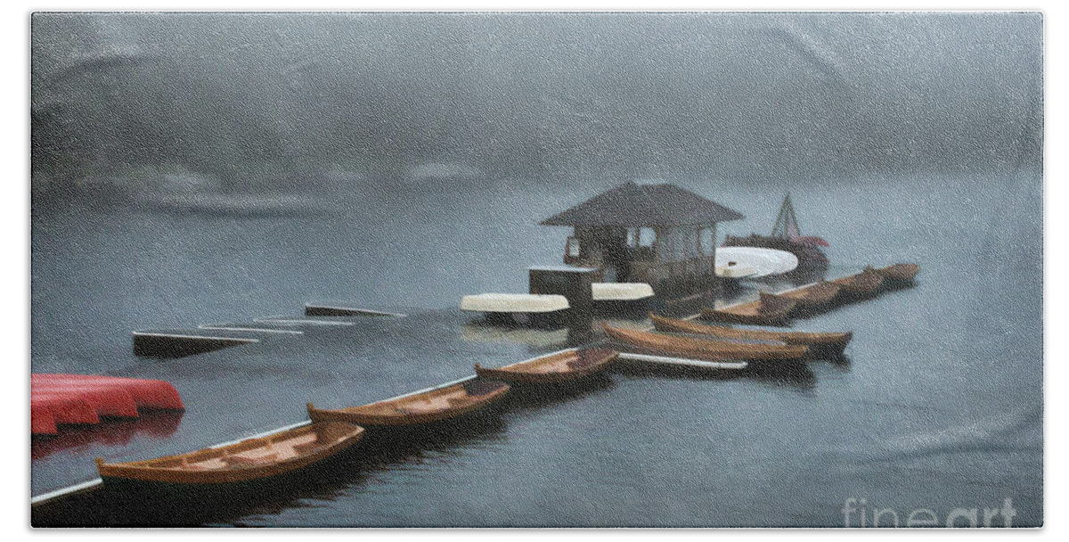Lake Bath Towel featuring the painting Foggy Morning At The Lake by Judy Palkimas