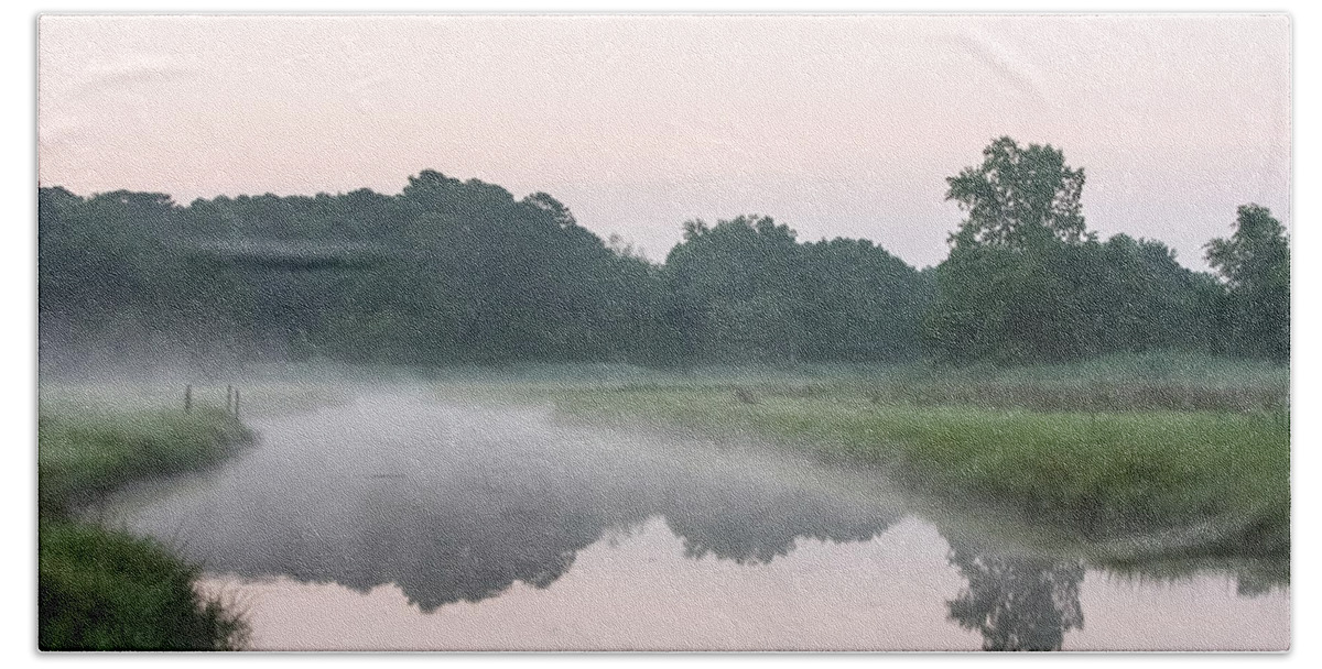 Stream Foggy Bath Towel featuring the photograph Foggy Morning Reflections by Allan Levin
