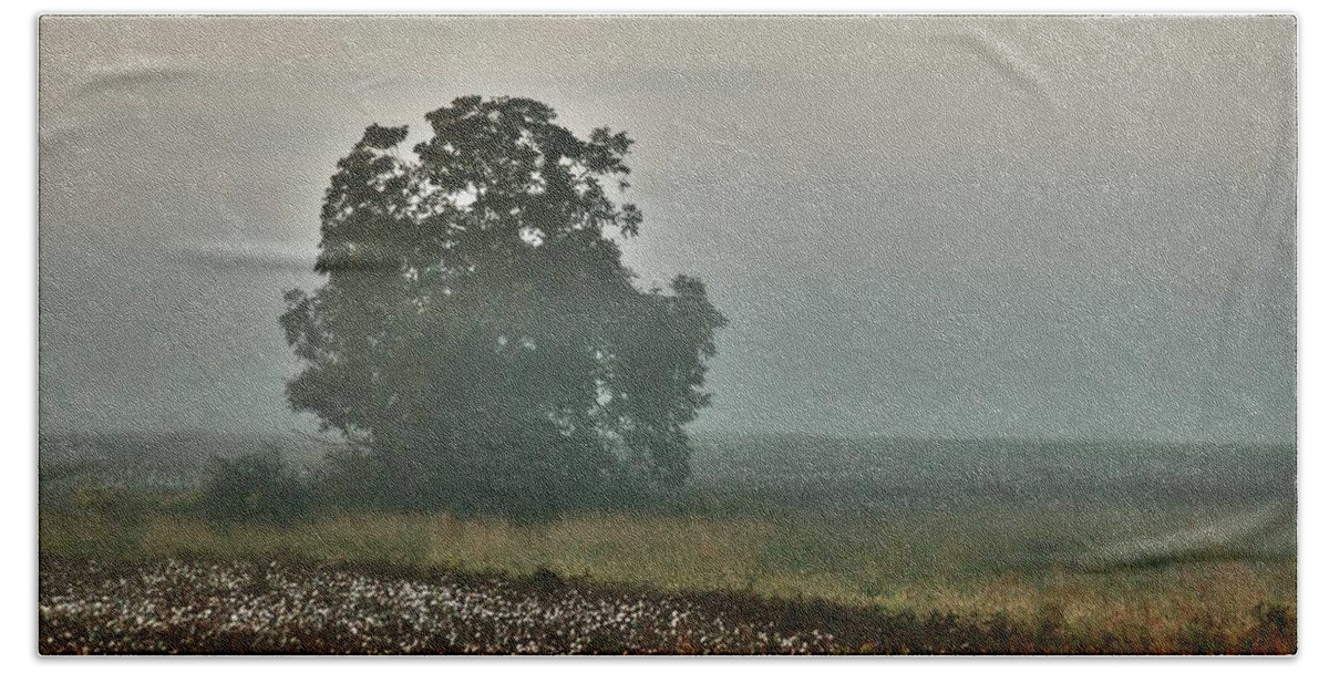 Flowers Bath Towel featuring the digital art Foggy Tree in the Field by Michael Thomas