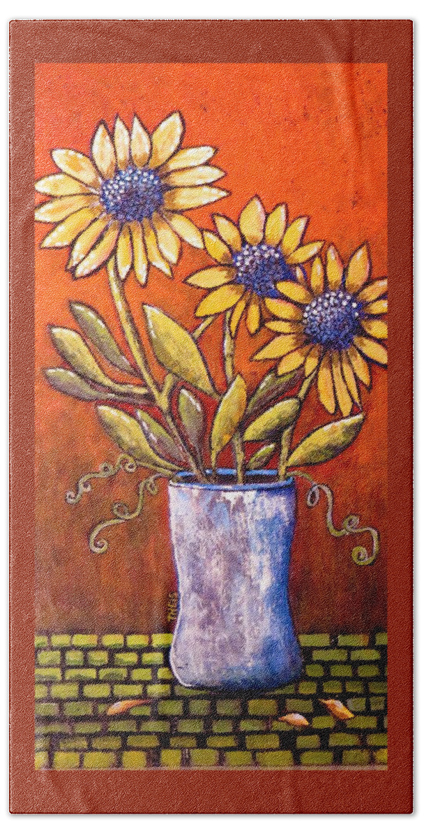 Sunflowers Hand Towel featuring the painting Folk Art Sunflowers by Suzanne Theis
