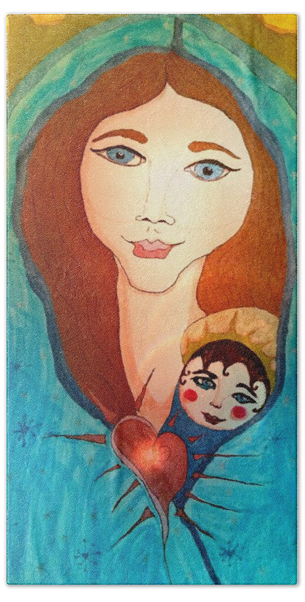 Mother Hand Towel featuring the painting Folk mother and child by Christine Paris
