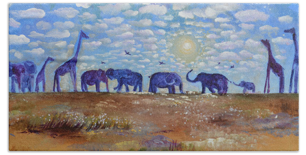 Elephants Hand Towel featuring the painting Follow The Light Elephants by Ashleigh Dyan Bayer