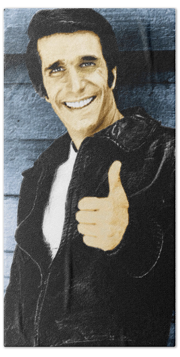 Fonzie Hand Towel featuring the painting Fonzie Happy Days Painting by Tony Rubino