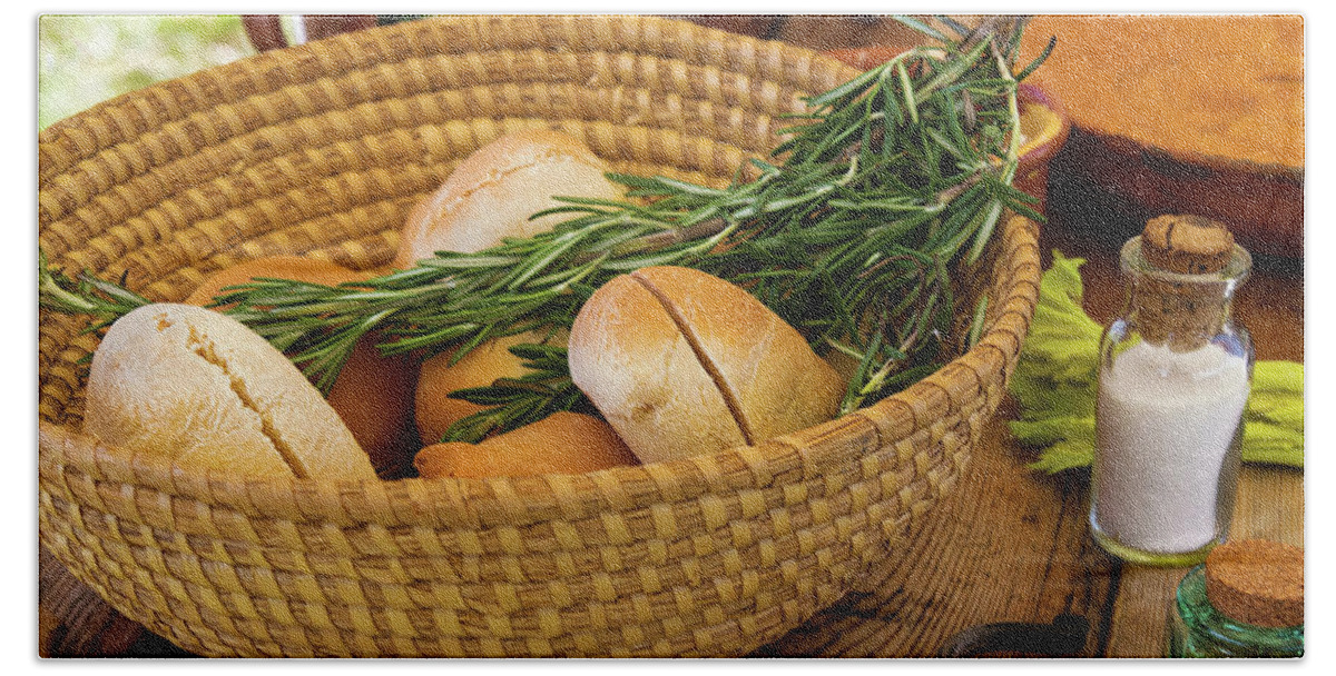 Food - Bread - Rolls and Rosemary Bath Towel by Mike Savad