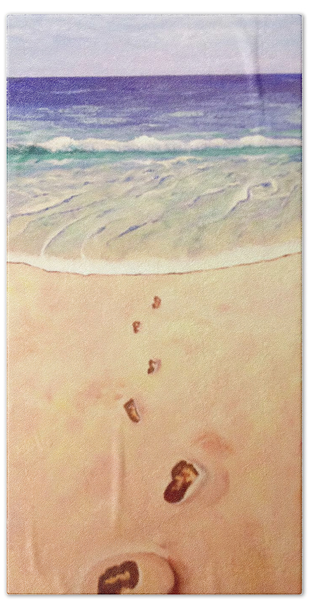 Landscape Bath Towel featuring the painting Footprints in the Sand by Donna Tucker
