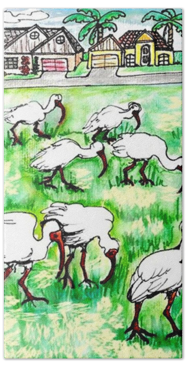 Ibis Bath Towel featuring the drawing Foraging ibis by Carol Allen Anfinsen