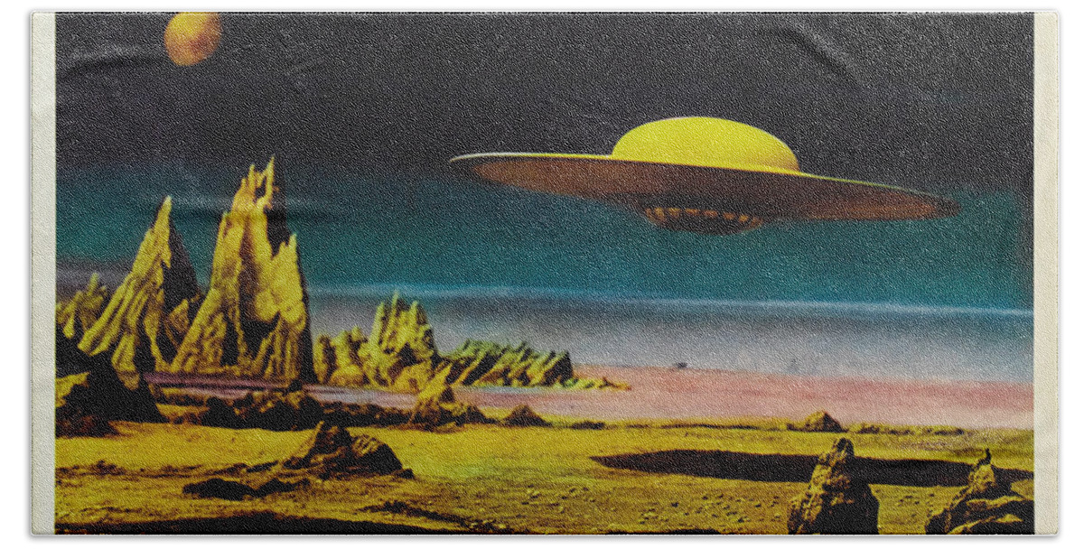 Forbidden Planet Bath Towel featuring the painting Forbidden Planet in CinemaScope retro classic movie poster detailing flying saucer by Vintage Collectables