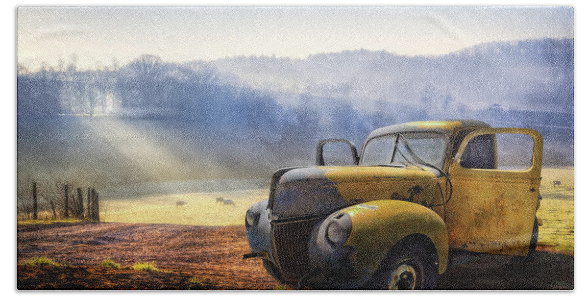 Appalachia Bath Sheet featuring the photograph Ford in the Fog by Debra and Dave Vanderlaan