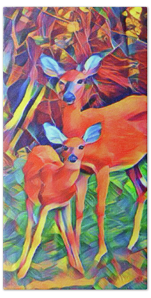 Whitetail Deer Bath Towel featuring the digital art Forest Doe and Fawn by Kathy Kelly