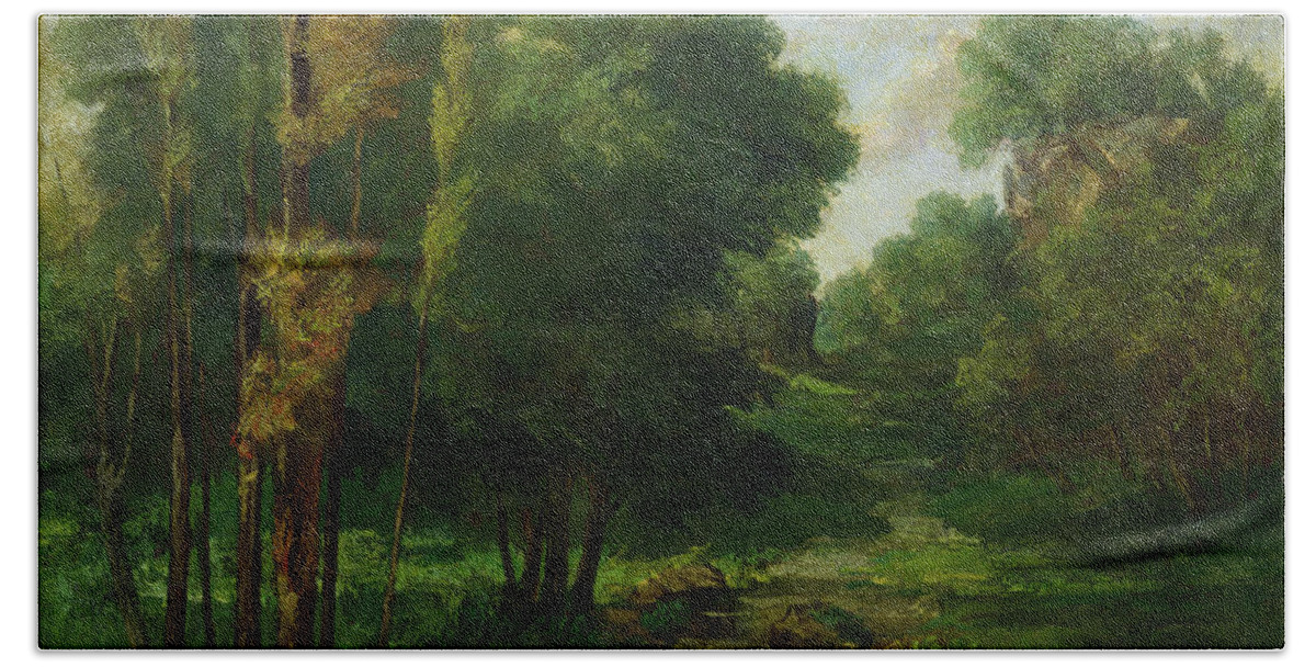 Forest Hand Towel featuring the painting Forest Landscape by Gustave Courbet 