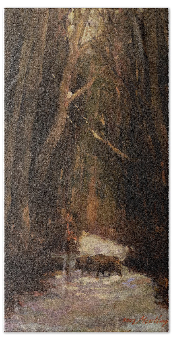 Boar Hand Towel featuring the painting Forest Road with Wild Boars by Attila Meszlenyi