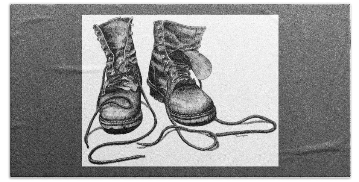 Boots Bath Towel featuring the drawing Forester's Boots by Timothy Livingston