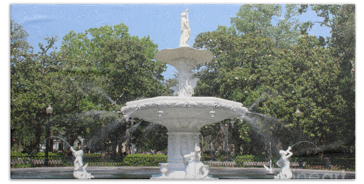 Savannah Georgia Bath Towel featuring the photograph Forsyth Park Fountain with Blue Sky by Carol Groenen