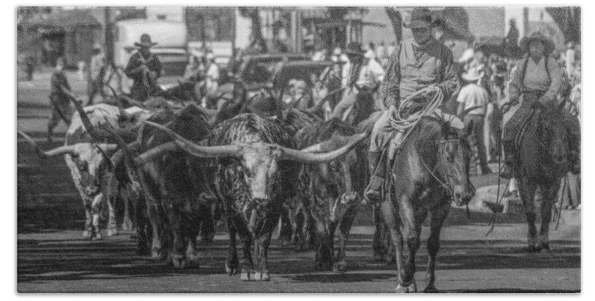 Texas Longhorn Bath Towel featuring the photograph Fort Worth Longhorn Cattle Drive Wide by Jonathan Davison