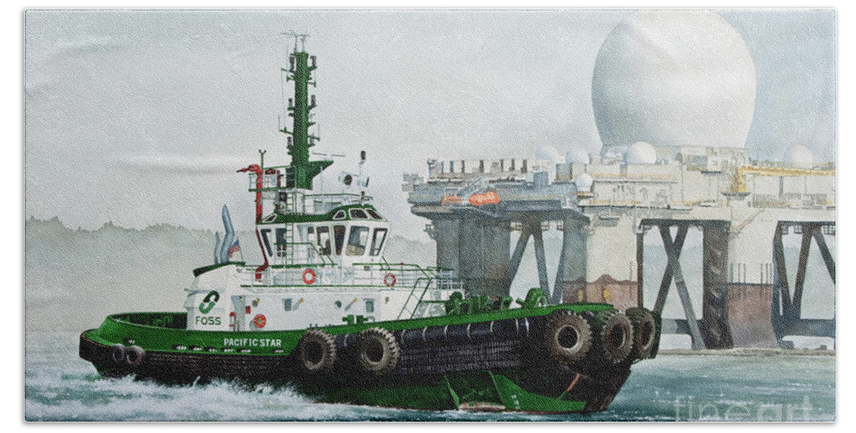 Signet Maritime Corporation Tugboat Painting Hand Towel featuring the painting FOSS Tugboat PACIFIC STAR by James Williamson
