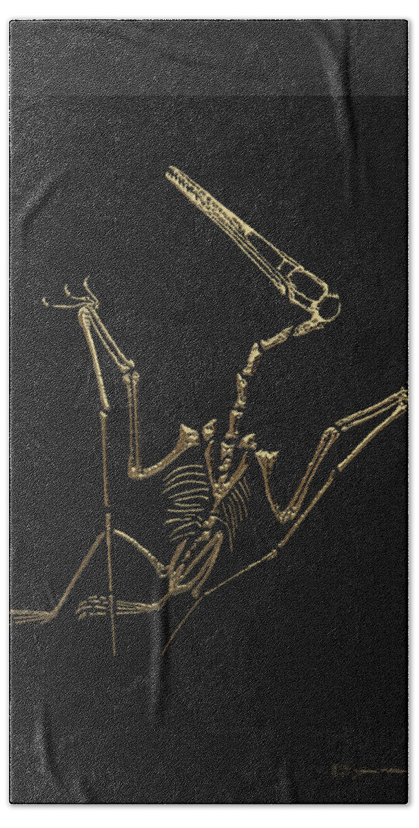 'fossil Record' Collection By Serge Averbukh Bath Towel featuring the digital art Fossil Record - Gold Pterodactyl Fossil on Black Canvas #4 by Serge Averbukh