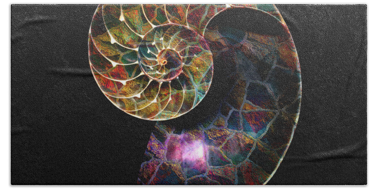 Abstract Bath Towel featuring the digital art Fossilized Nautilus Shell by Klara Acel