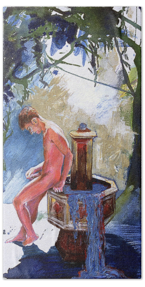 Naked Boy Bath Towel featuring the painting Fountain by Rene Capone