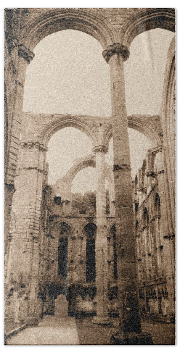 Fountains Fountain Abbey England Sepia Old Medieval Middle Ages Church Monastery Nun Nuns Architecture York Yorkshire Monasteries Aldfield Ruins Saint Century Black Death Claustral Building Cistercian Granges Cathedral Cloister Feudal Hand Towel featuring the photograph Fountains Abbey #52 by Raymond Magnani