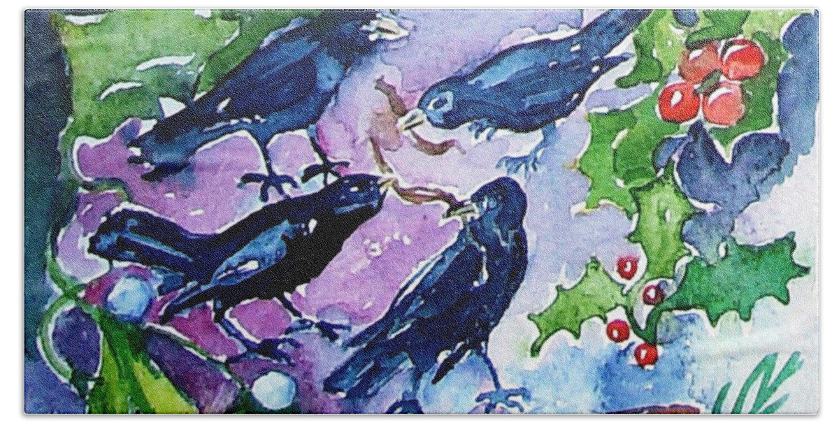 Christmas Card Bath Towel featuring the painting Four Calling Birds by Trudi Doyle