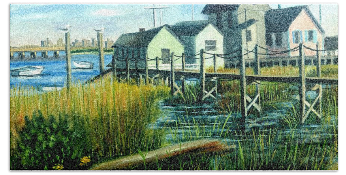 Four Houses On The Water Bath Towel featuring the painting High Tide In Broad Channel, N.Y. by Madeline Lovallo