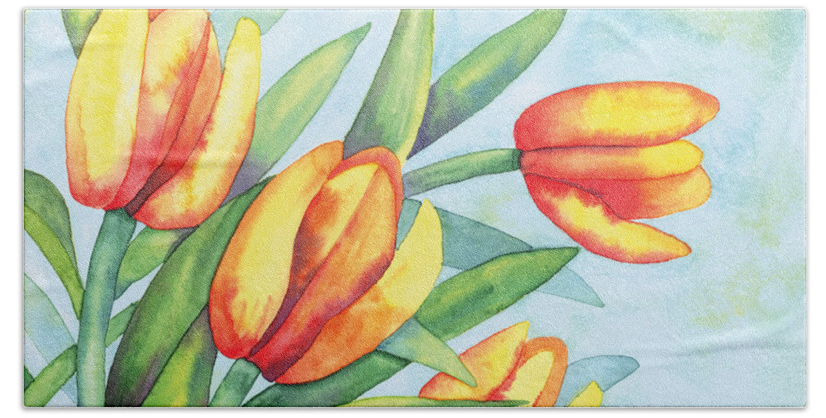 Artoffoxvox Bath Towel featuring the painting Four Tulips by Kristen Fox