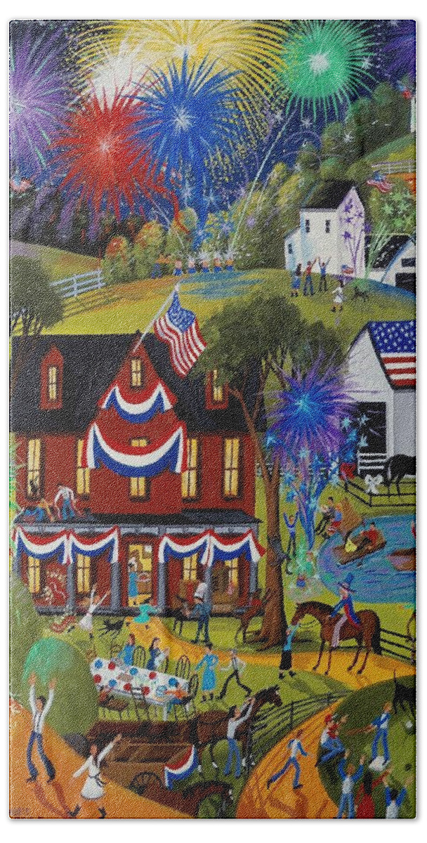Farm Hand Towel featuring the painting Fourth Of July - Fireworks on the farm by Debbie Criswell