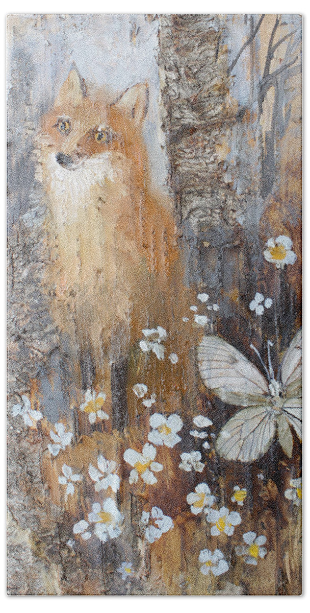 Fox Bath Towel featuring the painting Fox and Butterfly by Ilya Kondrashov