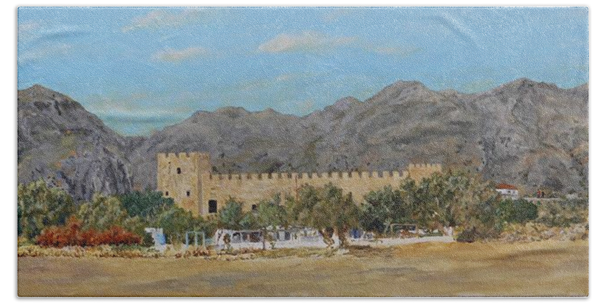 Frangokastello Hand Towel featuring the painting Frangokastello castle - Southern Crete by David Capon