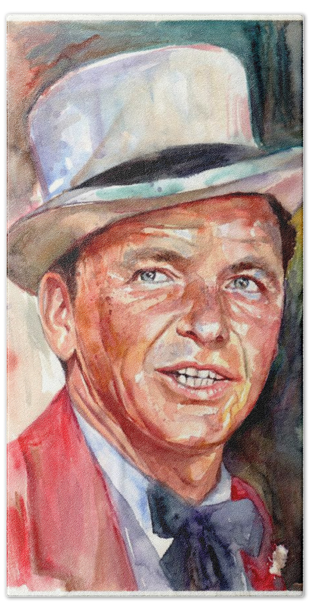 Frank Hand Towel featuring the painting Frank Sinatra portrait by Suzann Sines