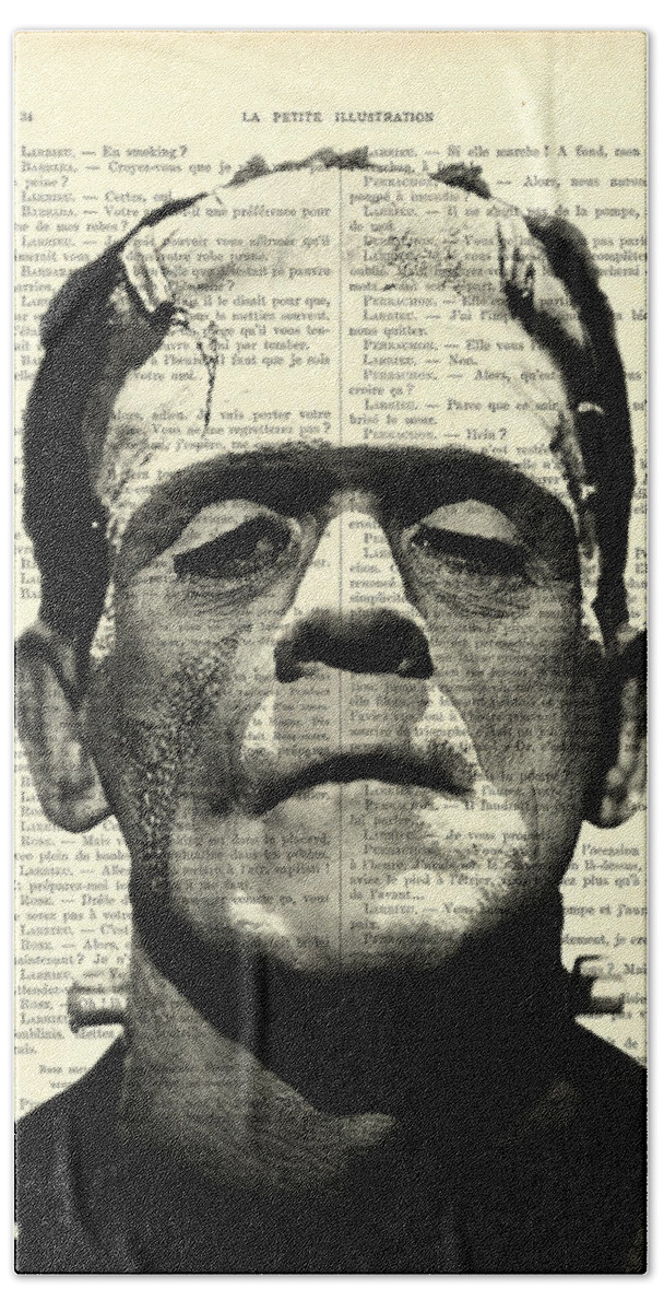 Black And White Hand Towel featuring the digital art Frankenstein on dictionary page by Madame Memento