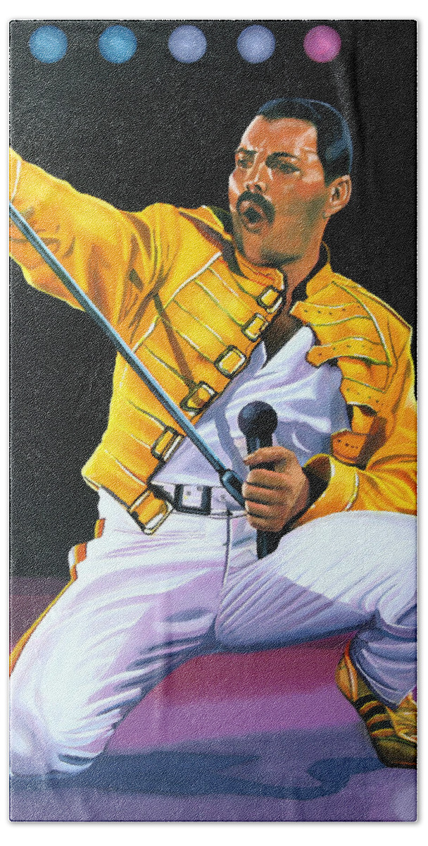 Freddie Mercury Bath Towel featuring the painting Freddie Mercury Live by Paul Meijering